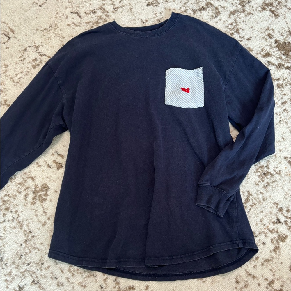 Southern Marsh Shirt Womens Small Navy Seersucker Pocket Spellout Long Slv